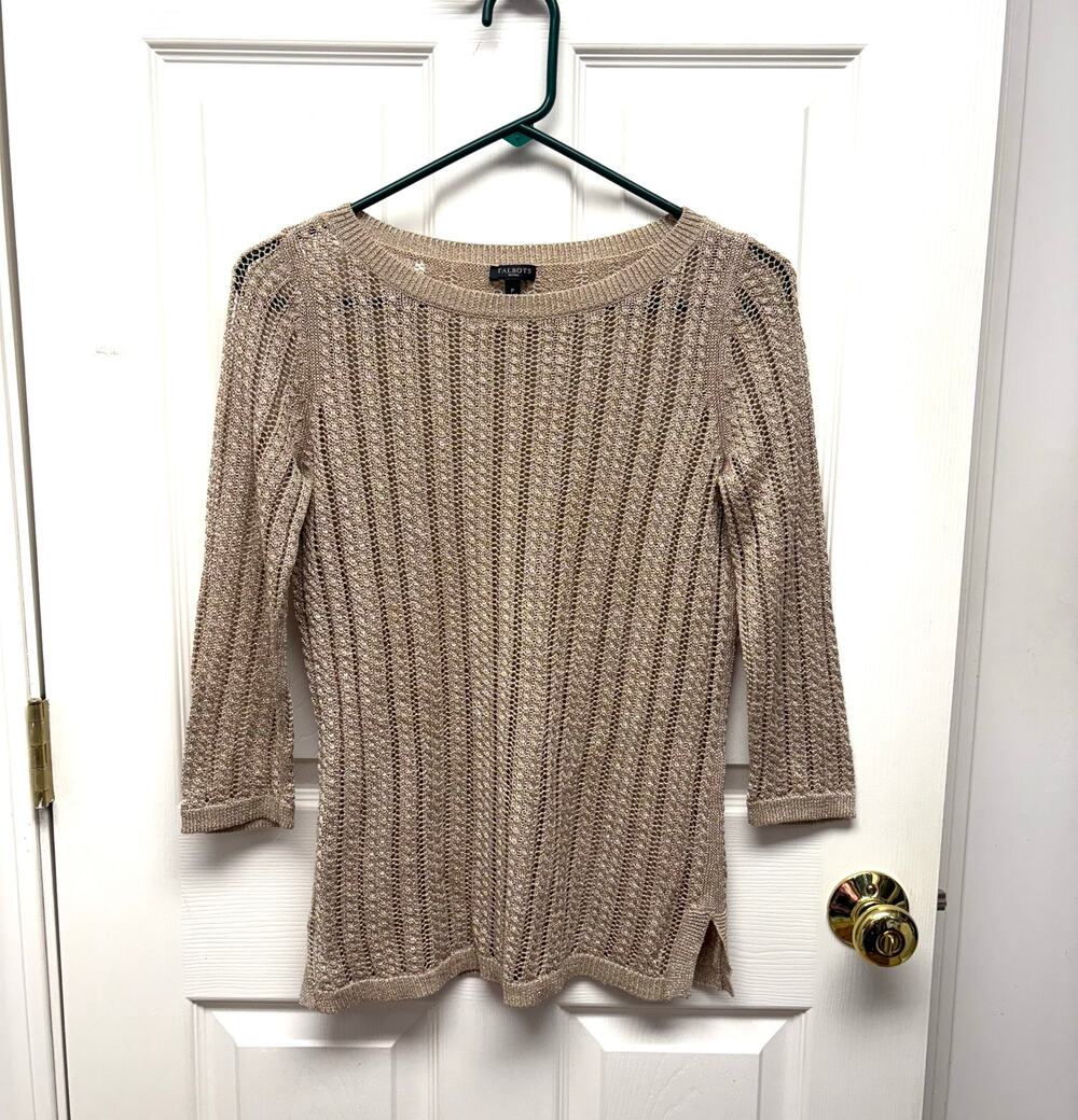 Talbots Sweater Gold Metallic Open Weave Knit Tunic, Crew Neck, Women's Size SP